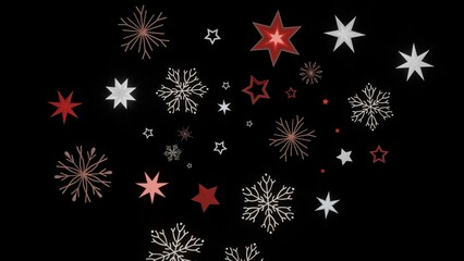 Festive winter design featuring red and white stars and snowflakes on a black background. Perfect for holiday cards, backgrounds, and more!