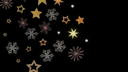 Elegant festive background with gold stars and snowflakes on a black background. Perfect for Christmas, New Year, winter holidays.
