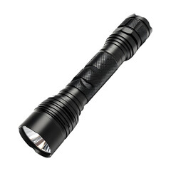 Detailed black tactical flashlight with intricate grip pattern isolated on transparent background
