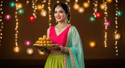 young indian woman holding laddu plate on diwali festival