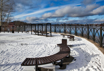 A recreation area overlooking the Vya River. The renovated Nizhne-Vyisky Square (Vyisky Park). Nizhny Tagil, Sverdlovsk Oblast, Russia.