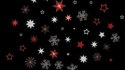 Festive holiday background with red and white stars and snowflakes on a black background. Perfect for Christmas or winter designs.