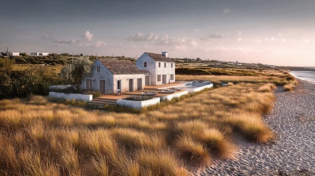 A well maintained white house stands by the beach surrounded by lush grass under bright sunlight creating a serene scene