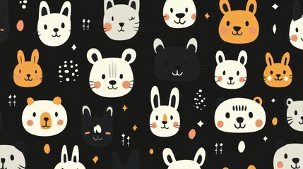 Obraz premium Cute Cartoon Animal Faces Pattern on Dark Background for Designs