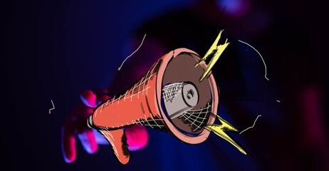 Vibrant illustration of a hand holding a megaphone, symbolizing announcement, news, and...