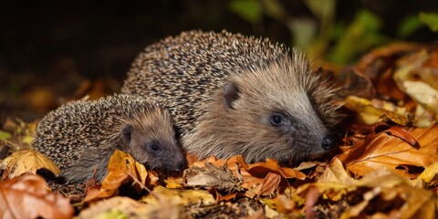 Mother hedgehog and baby exploring autumn leaves