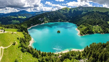 Turquoise Lake Surrounded by Green Forested Mountains Under Cloudy Blue Sky Wide Aerial View Panorama