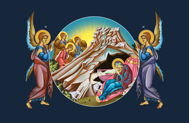 Nativity of Our Lord Jesus Christ. Religious Christian illustration with angels in Byzantine style on deep blue background