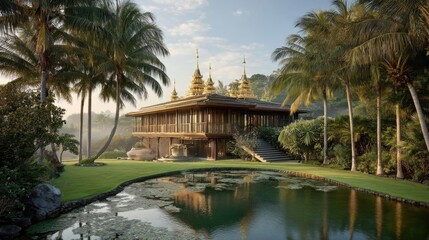 Fototapeta premium A grand luxurious house with golden spired roofs stands amidst lush greenery and palm trees,