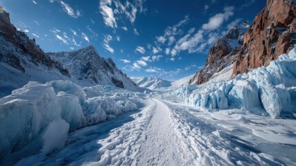 Obraz premium A breathtaking winter scene with a snow-covered path surrounded by towering ice formations,