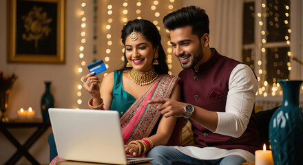 young indian couple holding credit card and using laptop together on diwali festival