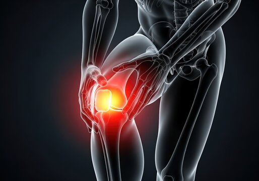Human knee joint pain with skeleton xray view, highlighting inflammation and discomfort, medical illustration for health awareness