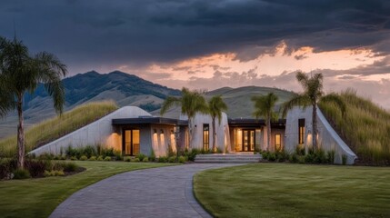 Modern architectural structure with green roof nestled in manicured landscape, surrounded by lush vegetation and trees,
