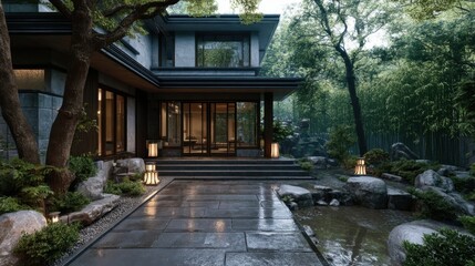 Elegant modern house with double story architecture, prominent glass windows, sliding doors, clean lines,