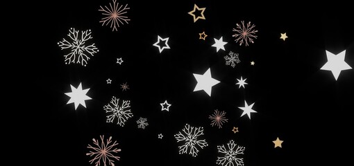 Beautiful winter background image with stars and snowflakes on a black background. Perfect for holiday cards or winter themed designs.