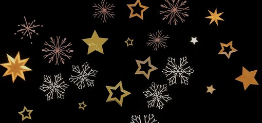 Elegant winter design with gold stars and snowflakes on black background. Perfect for Christmas, New Year, and winter holidays.