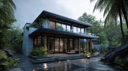 Fototapeta premium A large modern house surrounded by lush vegetation featuring tall palm trees and shrubs with expansive glass windows con