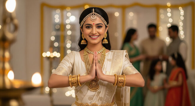 young indian woman showing namaste gesture on diwali festival