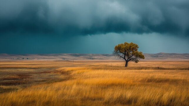 A solitary tree stands in an open field under dark storm clouds, ominous grey skies gather over golden grasslands,