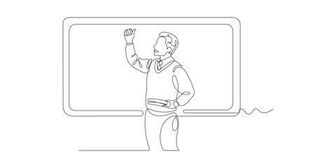 One continuous line drawing The teacher writes on the blackboard. Happy teachers day.