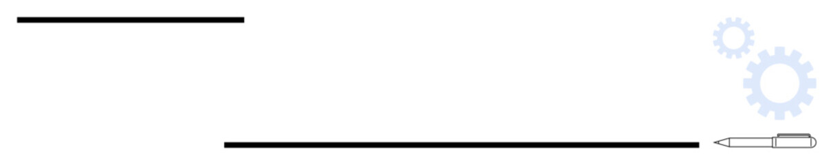 Fototapeta premium Pen at the edge of parallel black lines, complemented by faint blue gears in the background. Ideal for creativity, organization, workflow, planning, design, innovation precision. Simple flat