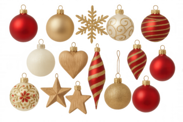 Christmas ornaments collection, festive gold and red decorations, holiday baubles, transparent background
