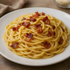 plate of spaghetti carbonara with bacon bits , photorealistic, in the style of high quality food photography