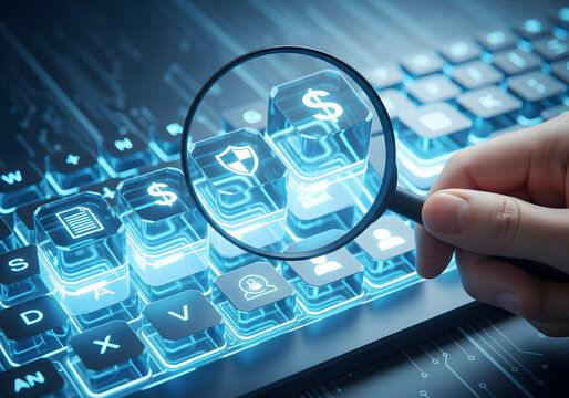 Magnifying glass over glowing computer keys with financial and security icons, representing data analysis - Powered by Adobe