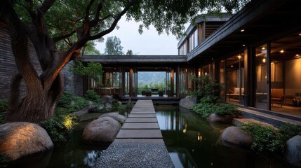 Obraz premium Elegant outdoor courtyard with a rectangular stone-bordered pond, wooden walkway leading to arched seating area,