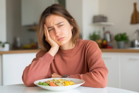 Young woman feeling unwell while sitting at kitchen table with food. Loss of appetite and discomfort during mealtime at home