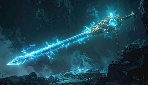 Glowing Blue Crystal Sword in Dark Fantasy Landscape
