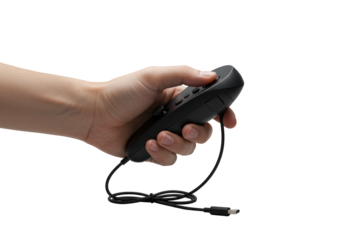 A clean, well-manicured hand precisely gripping a sleek, black matte futuristic VR controller, with a coiled charging cable, on a transparent background, concept of user-centric tech design