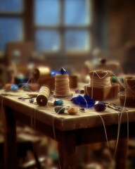 Crafting Workshop with Thread, Beads, and Tools on a Wooden Table