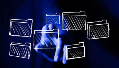 Abstract image of a hand interacting with digital files, symbolizing data management and...