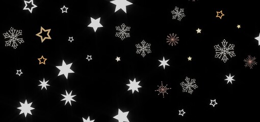 Beautiful winter background image featuring stars and snowflakes on a dark background. Perfect for winter holidays, Christmas, and New Year's.