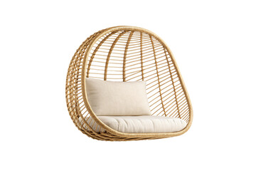 Natural rattan cocoon chair with beige upholstery in curved basket design for relaxation, isolated on a transparent background
