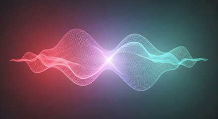 Abstract digital sound waves or data visualization with glowing mesh lines in red and blue on a dark gradient background.