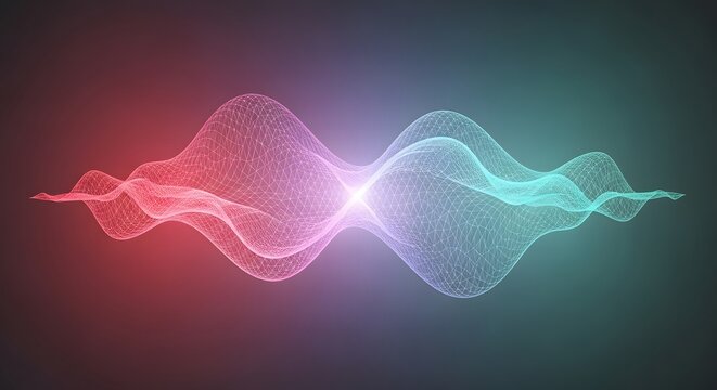Abstract digital sound waves or data visualization with glowing mesh lines in red and blue on a dark gradient background.