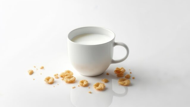 White mug filled with milk, surrounded by cereal pieces on a white surface - Powered by Adobe