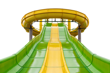 Colorful water slide attraction with yellow and green lanes leading to circular splash area, isolated on a transparent background