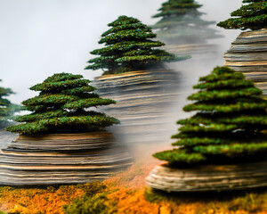 Lush Green Tree Models on Layered Hills with Soft Fog in Background