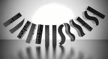 Domino Effect Concept Falling Pieces in Black and White Risk Management and Chain Reaction
