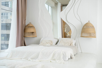 Beautiful Christmas tree in decorated living room. Festive interior