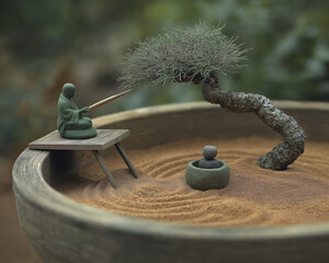 Tranquil Zen Garden Scene with Miniature Figurines and Bonsai Tree