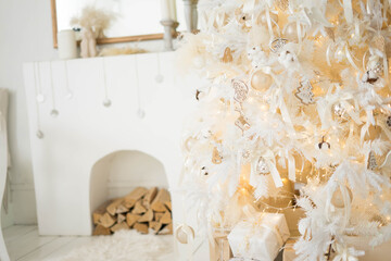 Beautiful Christmas tree in decorated living room. Festive interior