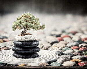 Tranquil Miniature Tree on Rocks for Serene Zen Garden Atmosphere