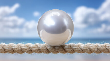 Shiny Pearl on a Natural Rope Against a Soft Ocean Background