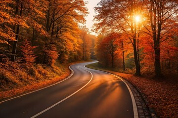 Winding Road in Autumn Forest with Falling Leaves – September Goodbye Travel Scene