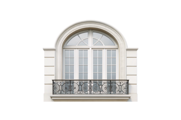 Classical arched French doors with simple stone surround, geometric ironwork balcony, and refined architectural elements, isolated on a transparent background