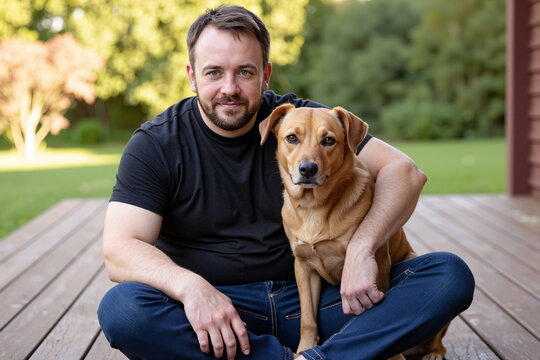 Man sitting with his arm around his loyal brown dog on wooden porch at home. Heartwarming portrait of pet owner and his best friend, representing companionship, love, and animal friendship